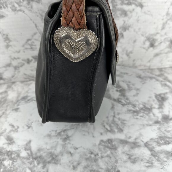 Vintage Brighton Black Leather Crossbody Bag Purse Brown Leather Braided Strap - Picture 5 of 10